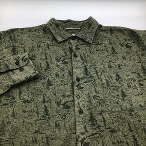 Peter Millar Long Sleeve Button Up Tree Mountain Scene Shirt Green‎ Size Large